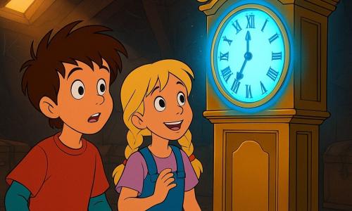 Tom, un garçon de 10 ans aux cheveux bruns ébouriffés et aux yeux curieux, est émerveillé devant une grande horloge dorée qui brille d'une lueur bleue mystérieuse. À ses côtés, Lina, une fille de 10 ans avec des tresses blondes et un sourire enthousiaste, écoute le tic-tac magique. Ils sont dans un grenier poussiéreux, avec des malles anciennes et des toiles d'araignée, éclairés par un rayon de lumière dorée. Tom et Lina découvrent l'horloge magique prête à les emmener dans une aventure temporelle.