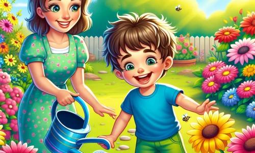 Léo, un petit garçon de 4 ans aux cheveux bruns en bataille et au grand sourire, arrose des fleurs colorées dans un jardin ensoleillé. Il porte un t-shirt bleu et un short vert, tandis que sa maman, une femme d'une trentaine d'années avec des cheveux châtains en chignon, sourit fièrement avec un arrosoir. Le jardin est rempli de fleurs éclatantes et d'abeilles bourdonnantes, avec un sol verdoyant et un arbre majestueux en arrière-plan. Léo verse de l'eau sur les fleurs, créant des gouttes scintillantes au soleil, partageant un moment de bonheur et de connexion avec la nature tout en apprenant à prendre soin de son jardin.