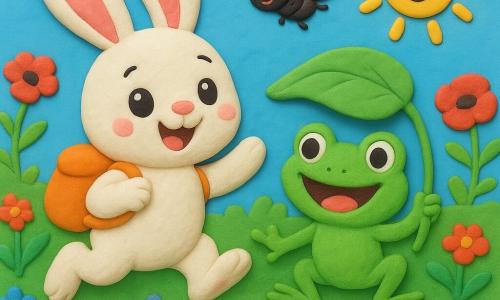 Un petit lapin blanc aux oreilles roses et sac à dos orange saute joyeusement à côté d'une grenouille verte qui tient une feuille en chapeau ; une coccinelle rouge à pois vole au-dessus d'eux tandis qu'ils admirent, complices et heureux, un vaste champ multicolore de fleurs (coquelicots, marguerites, bleuets) sous un ciel bleu avec un soleil souriant en pâte à modeler, textures visibles et ombres douces.