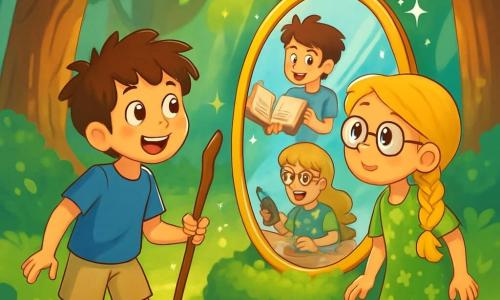 Deux personnages principaux se distinguent : Lucas, un garçon de 10 ans aux cheveux bruns en bataille et aux yeux curieux, portant un t-shirt bleu et un short beige, tient un bâton comme un sceptre magique et regarde avec émerveillement un miroir. À ses côtés, Clara, une fille de 9 ans aux cheveux blonds tressés et portant des lunettes rondes, est vêtue d'une robe verte à fleurs et fixe le miroir avec détermination. L'action se déroule dans la Forêt des Réflexions, où des arbres majestueux et des feuilles brillantes créent une atmosphère magique autour d'un grand miroir scintillant posé sur de la mousse. Lucas et Clara découvrent le Miroir des Vérités, révélant leurs talents cachés : Lucas voit son avenir de conteur, tandis que Clara entrevoit son potentiel d'inventrice, leurs visages exprimant émerveillement et curiosité.