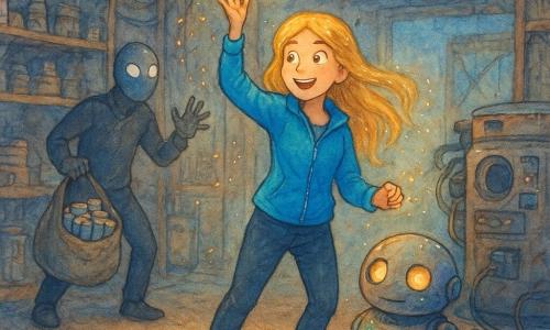 Électra, une jeune femme d’environ 20 ans, joyeuse et déterminée, cheveux longs dorés, veste bleu électrique et pantalon sombre, lève la main et fait jaillir des étincelles dorées qui dansent autour d’elle; à sa droite, Spark, petit robot rond et cabossé aux lumières multicolores, se branche à une grosse machine pour recharger des batteries; à gauche, un homme masqué, silhouette mince, recule surpris vers l’arrière du vieux hangar en bois et métal, tenant un sac ouvert rempli de piles; le hangar a une porte entrouverte, étagères de gadgets et piles, lumières clignotantes, fils entremêlés, sol poussiéreux avec traces de pas et petites étincelles; scène d’action douce où Électra distrait l’homme pendant que Spark reconnecte les batteries, ambiance chaude ponctuée de bleus électriques, style aquarelle avec rehauts blancs.