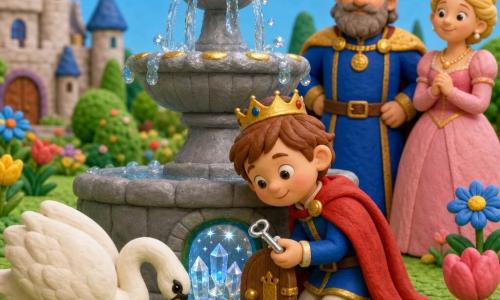 Petit prince de 6 ans au visage rond et joues roses, cheveux châtains courts, cape rouge, agenouillé devant une grande fontaine en pierre grise en tenant une petite clé d'argent brillante ; à gauche, un grand cygne blanc au bec orange pousse délicatement un caillou ; à l'arrière‑plan à droite, le roi d'environ 45 ans à barbe grise et costume bleu roi avec cape dorée regarde la scène avec fierté, la reine d'environ 35 ans aux cheveux blonds en chignon et robe rose pâle se tient près de lui en souriant ; jardin royal avec grosses fleurs colorées façon pâte à modeler, pelouse verte texturée, petits buissons ronds ; la fontaine présente une eau stylisée translucide en gouttes brillantes et reflets dorés, et une petite porte ronde ouverte à sa base révélant une salle cristalline scintillante ; scène calme et joyeuse, couleurs vives, formes simples, éclairage doux, composition centrée sur le prince et la clé.