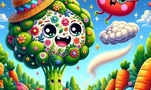 Au centre de l'image, un chapeau coloré nommé Chapi flotte joyeusement. Il est rond, avec des motifs de fleurs et un grand sourire. À côté, un brocoli sérieux, portant des lunettes, tente d'attraper un nuage de farine. Une tomate rouge, avec un chapeau de paille, rit en dansant sur une carotte géante. Le décor est un jardin magique avec des légumes géants et des fleurs multicolores, sous un ciel bleu. Chapi essaie de faire apparaître des ingrédients pour un gâteau aux légumes, tandis que le brocoli et la tomate l'encouragent, créant une atmosphère joyeuse.