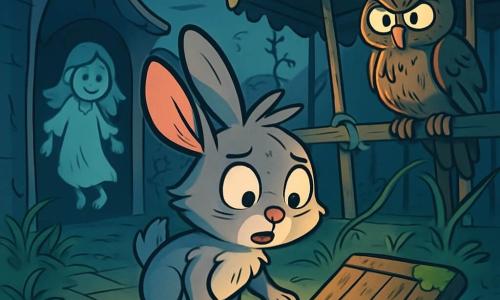 Un petit lapin gris nommé Élios se tient au centre de l'image, curieux et légèrement effrayé. Ses grandes oreilles sont dressées, et son pelage est ébouriffé par le vent. Il regarde une trappe en bois usée, recouverte de mousse. À sa droite, un vieux hibou aux plumes ébouriffées l'observe d'un air sage, perché sur une poutre. À gauche, une silhouette floue d'un enfant fantomatique sourit, se tenant à l'entrée d'un couloir sombre. Le lieu est un vieux parc d'attraction abandonné, avec des manèges rouillés et des ronces. La lune éclaire faiblement la scène. Élios hésite devant la trappe, prêt à descendre dans un monde mystérieux, tandis que le hibou et le fantôme l'observent.