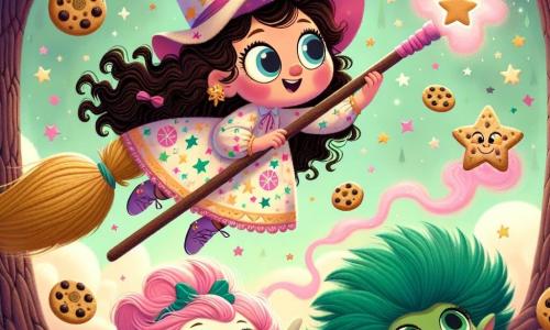 Au centre de l'image, une petite fille de 6 ans, Lili, avec de longs cheveux bouclés et un grand chapeau pointu, sourit émerveillée. Elle porte une robe colorée ornée d'étoiles et tient une baguette magique entourée d'un nuage de fumée rose. À ses côtés, Bob, un troll aux cheveux verts, rit en essayant d'attraper un biscuit farceur. Mina, une licorne à pois roses, court après un biscuit en forme d'étoile. En arrière-plan, la forêt des biscuits farceurs s'étend, avec des arbres en chocolat et des branches chargées de biscuits colorés. La scène est joyeuse et magique, illustrant le moment où Lili tente de faire voler son balai, provoquant un tourbillon de biscuits.