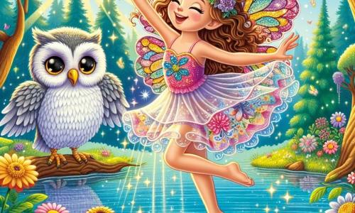 Lila, une petite fée aux ailes colorées, danse gracieusement au bord d'un lac scintillant, son visage rayonnant de joie. Ses cheveux bouclés flottent autour d'elle et sa robe légère est ornée de motifs floraux. À proximité, Maestro, un vieux hibou sage, l'observe avec admiration depuis une branche, prêt à lui donner des conseils. Le décor enchanteur est composé de fleurs multicolores et de rayons de soleil filtrant à travers les feuilles, créant un jeu de lumière sur l'eau. Lila s'entraîne à exécuter des mouvements de danse complexes, entourée d'éclats de lumière et de couleurs vibrantes, symbolisant la magie de sa passion pour la danse.