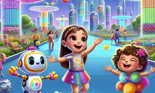 Lila, une petite fille de quatre ans aux cheveux bruns, danse joyeusement au centre de l'image, encouragée par Zippy, un robot coloré à sa droite. À gauche, Mia, une fillette de cinq ans aux cheveux bouclés, rit en lançant un ballon en forme d'étoile. Le décor est un parc futuriste de NovaVille avec des jardins suspendus, des fleurs multicolores chantantes, des bâtiments scintillants et des drones apportant des ballons. Lila, Zippy et Mia jouent ensemble, créant une ambiance joyeuse et magique.
