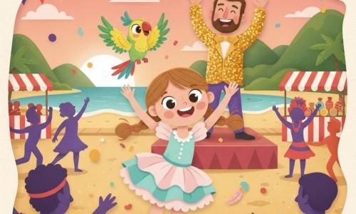 Luna, une fillette de 6 ans aux cheveux châtain clair en couettes et aux yeux brillants, danse pieds nus sur le sable en levant les bras, vêtue d’une robe à volants pastel (rose pâle et turquoise); sur son épaule droite, Pipo le perroquet vert et jaune avec une pointe rouge sur la queue bat des ailes en la encourageant; en arrière-plan, un homme d’une trentaine d’années, organisateur du carnaval en costume coloré à paillettes dorées, applaudit près d’une estrade; la scène se déroule sur une grande place en bord de plage à Rio au coucher du soleil rose-orangé, avec montagnes au loin, guirlandes, stands de confiseries rayés et danseurs colorés, confettis et plumes tourbillonnant dans une ambiance joyeuse et festive axée sur les mouvements ronds et les couleurs vives.