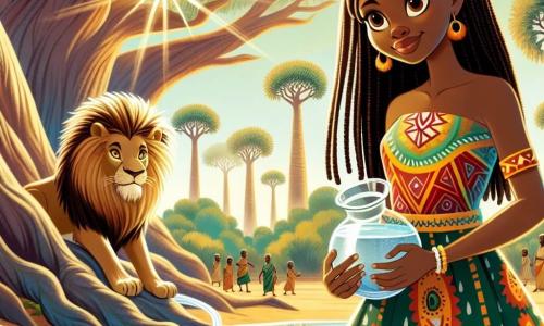 Amina, une jeune femme d'environ 20 ans, se tient au bord d'une rivière scintillante, son visage rayonnant de détermination. Elle a de longs cheveux noirs tressés, une peau brune, et porte une robe colorée avec des motifs africains. Dans ses mains, elle tient une gourde d'eau précieuse, symbole de sa quête réussie. À ses côtés, un lion majestueux, sage et imposant, l'observe avec bienveillance. En arrière-plan, la forêt de Baobab s'étend, créant une atmosphère mystique. Amina, pleine de joie, partage l'eau avec les habitants de son village, tandis que le lion veille sur elle, symbolisant la force et la sagesse de la nature.