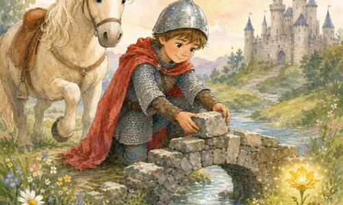 Hugo, garçon-chevalier d'environ 8 ans, souriant et concentré, porte une cape rouge froissée, un casque légèrement rayé et une cotte de mailles claire; il pose des pierres sur un vieux pont de pierres partiellement effondré au-dessus d'un ruisseau d'eau claire tandis que Biscotte, un cheval crème à la crinière ondulée et aux grands yeux tendres, le suit lentement, une patte levée; une petite fleur magique dorée pousse près de la rive droite; en arrière-plan, des berges fleuries, de l'herbe verte et un château gris aux tours lointaines sous un ciel pastel; traversée calme et prudente, lumière douce et atmosphère sereine.