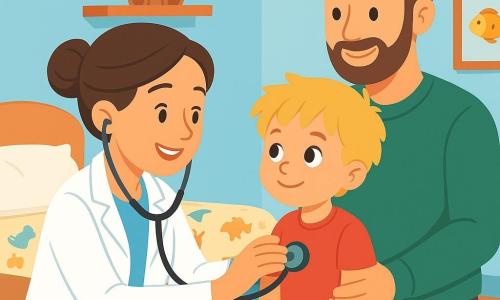 Une médecin, Docteure Lila, souriante et bienveillante, avec des cheveux bruns en chignon, porte une blouse blanche et un stéthoscope. Elle est accroupie près de Noé, un petit garçon de 5 ans aux cheveux blonds en bataille, qui la regarde avec curiosité. Noé est dans les bras de son père, un homme d'une trentaine d'années avec une barbe légère et un sourire apaisant. La scène se déroule dans une chambre chaleureuse aux murs bleu clair, avec des jouets colorés au sol et un lit douillet. Docteure Lila écoute le cœur de Noé avec son stéthoscope tout en lui expliquant doucement son geste, créant une atmosphère de confiance.