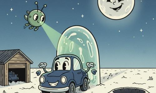 Piston, une petite voiture anthropomorphe bleu nuit au large sourire, sort d’un garage en bois sur une plaine de sel blanche sous un ciel étoilé et une grande lune argentée; à sa gauche vole une balise-luciole mécanique verte qui émet un faisceau, devant lui une traînée de poussière argentée scintillante aux notes musicales mène vers un cratère sombre à droite, et un portail d’air translucide vert menthe ondule devant lui — Piston hésite mais prêt à répondre au signal de la Ville-Étoile.