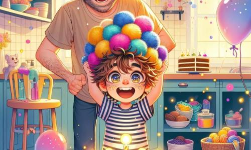 Léo, un garçon de 8 ans aux cheveux en bataille et aux yeux pétillants, sourit en tenant un chapeau à pompons colorés. Il porte un t-shirt rayé et des baskets brillantes. À ses côtés, son papa, Monsieur Merlin, un homme d'une quarantaine d'années avec une barbe ébouriffée et des lunettes rondes, rit en regardant le chapeau. La scène se déroule dans une cuisine ensoleillée aux murs jaunes pastel, avec des guirlandes de confettis et une table remplie de gâteaux au chocolat décorés. Léo et son papa célèbrent la fête des pères dans une atmosphère festive et enchantée.