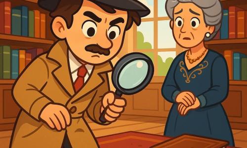 Un détective, Léo, est au centre de l'image, avec un regard déterminé. Il porte un trench-coat beige, un chapeau noir et examine une empreinte de pas dans la poussière avec une loupe. À côté de lui, la comtesse de Clairbois, une femme d'une cinquantaine d'années, exprime de l'inquiétude. Elle est vêtue d'une robe de velours bleu et observe Léo avec espoir. Le décor est une bibliothèque ancienne avec des étagères remplies de livres, des fenêtres laissant entrer la lumière et un tapis rouge au sol. Léo découvre une empreinte près d'un livre ancien, tandis que la comtesse attend des nouvelles sur un collier disparu. L'image évoque mystère et aventure.