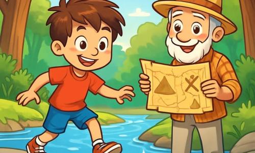 Un garçon de 10 ans, Max, aux cheveux bruns en bataille et aux yeux curieux, se tient sur une pierre au bord d'une rivière scintillante. Il porte un t-shirt rouge et des baskets usées, son visage exprimant excitation et détermination. À ses côtés, un vieil homme aux cheveux gris, portant un chapeau de paille et une chemise à carreaux, examine attentivement une carte ancienne avec un sourire malicieux. La scène se déroule au bord de la Rivière des Réflexions, où l'eau claire reflète le ciel bleu et les arbres majestueux. Des rayons de soleil percent à travers les feuilles, illuminant l'eau. Max, concentré, s'apprête à sauter de pierre en pierre pour résoudre une énigme menant à un trésor caché, tandis que des oiseaux chantent dans les branches.