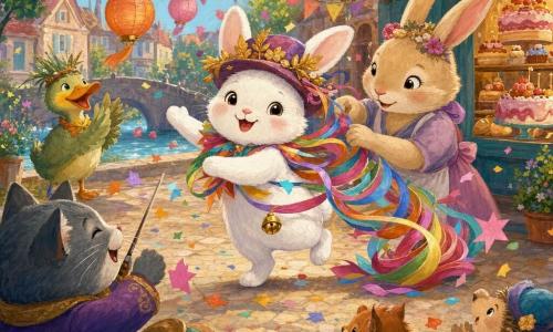 Lila, une petite lapine blanche joyeuse au chapeau orné de feuilles et à la traîne de rubans multicolores terminée par des plumes et un grelot, tourbillonne et danse au centre de la place pavée du village, Maman Lapine, beige et souriante, ajuste un ruban juste derrière et à droite d'elle, Canardou, un canard jaune‑vert coiffé d'une mini couronne de roseaux, admire la scène depuis le bord d'une rivière au fond à gauche, la grande chef chatte grise en veste violette dirige l'orchestre à gauche en avant‑plan pendant que les autres animaux applaudissent, des fanions et lanternes pendent au‑dessus, une vitrine de boulangerie pailletée se voit à droite et des confettis en forme d'étoiles flottent dans l'air tandis que le grelot tinte 