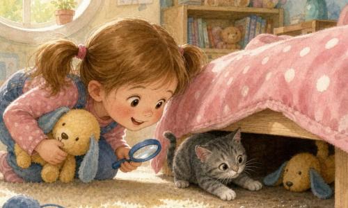 Fille de 4 ans au visage rond et joues rosées, cheveux châtain clair en couettes, accroupie sous un lit bas en train de récupérer son doudou jaune à oreille bleue avec une petite loupe plastique à la main, sourire curieux et expression fière ; un chat gris tigré gratte sous le lit en la regardant, queue relevée ; chambre chaleureuse et colorée avec couverture rose à pois blancs, tapis crème, étagère en bois clair et fenêtre ronde laissant entrer une douce lumière matinale, scène intime et tendre avec quelques miettes de poussière et une ombre douce.