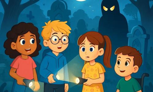Quatre enfants se tiennent dans un vieux cimetière : Lola, 9 ans, cheveux bruns bouclés, t-shirt rose et short en jean, tient une lampe torche ; Max, 10 ans, cheveux blonds en bataille et lunettes, porte un sweat à capuche bleu et un pantalon noir ; Emma, 9 ans, cheveux longs en queue de cheval, vêtue d'une robe à fleurs, a l'air inquiet ; Hugo, 10 ans, en fauteuil roulant, avec des cheveux châtains et un t-shirt vert, sourit courageusement. La lune éclaire leurs visages tandis qu'une silhouette sombre près d'une pierre tombale les observe. Les enfants avancent prudemment, unis par leur amitié, dans une atmosphère intrigante et légèrement effrayante.