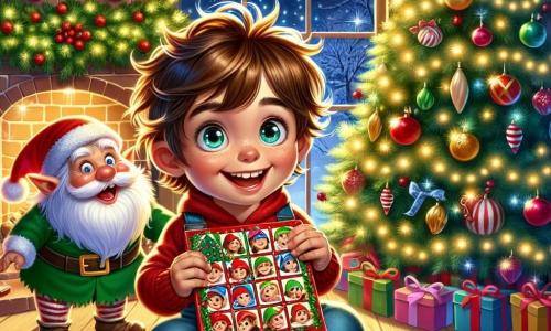 Un petit garçon de 4 ans, Arthur, aux cheveux châtains en bataille et aux yeux pétillants de curiosité, est assis par terre avec un grand sourire. Il tient un calendrier de l'Avent ouvert, prêt à découvrir une nouvelle surprise. À côté de lui, un lutin farceur aux oreilles pointues, vêtu d'un costume rouge et vert, se cache derrière un sapin décoré. La scène se déroule dans un salon chaleureux, rempli de décorations de Noël : un sapin majestueux, des guirlandes lumineuses et des chaussettes accrochées à la cheminée. Arthur, excité, cherche le lutin qui a laissé un message mystérieux dans son calendrier, tandis que le lutin se cache, prêt à faire une nouvelle farce.