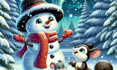 Un bonhomme de neige souriant, portant un grand chapeau noir et une écharpe rouge, se tient au centre d'un jardin enneigé, levant les bras émerveillé par les flocons de neige. À sa droite, un petit écureuil aux yeux pétillants cherche des noisettes dans la neige. À sa gauche, une petite souris grise scrute le sol à la recherche d'un abri chaud, admirant le bonhomme de neige. Le jardin est rempli de sapins recouverts de neige, et le ciel est illuminé par une aurore boréale, créant une ambiance magique et hivernale de joie et d'amitié entre les trois amis.