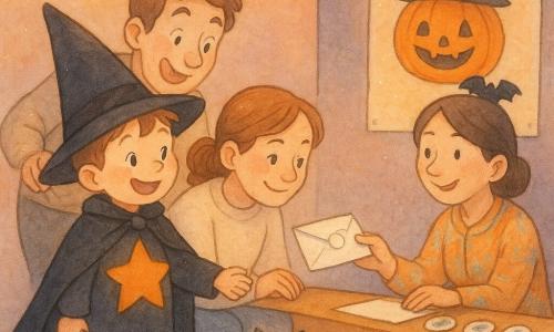 Un garçon de 4 ans, rayonnant, en cape noire et chapeau pointu avec une grande étoile orange sur le ventre, tient une enveloppe blanche contre sa poitrine et sourit à un petit badge pendant qu’il remet son inscription à une dame d’accueil coiffée d’un petit chapeau chauve-souris et blouse colorée, accoudée derrière une table avec biscuits et badges ; sa mère accroupie, cheveux attachés et pull crème, écrit avec un gros crayon en tenant la main du garçon, le père, un peu en retrait, sourit en faisant une grimace de fantôme la main sur l’épaule de la mère, un petit chat gris au collier à clochette passe près des pieds, la salle des fêtes est chaleureuse, décorée de guirlandes de citrouilles en papier, d’affiches orange et de lumières suspendues, la fenêtre laisse voir un ciel violet foncé, et le dessin du garçon représentant une citrouille-sorcière est déjà accroché sur un grand panneau d’exposition près de la table.