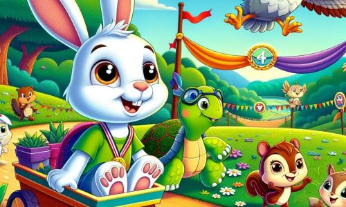 Léo, un petit lapin blanc aux grandes oreilles et aux yeux pétillants, est assis dans un chariot coloré, souriant avec détermination. Il est accompagné de Tessa, une tortue verte qui le regarde avec fierté, et de Sam, un écureuil brun qui saute joyeusement à côté du chariot, les bras levés. En arrière-plan, Hugo, un hibou sage aux plumes grises, observe la scène. La scène se déroule dans une vallée verdoyante avec des fleurs colorées et des arbres sous un ciel ensoleillé. Au loin, une ligne d’arrivée décorée symbolise la fête et l’amitié. Léo et ses amis franchissent ensemble un ruisseau, affichant des expressions de joie et de solidarité, illustrant l’esprit d’entraide et de célébration des différences.
