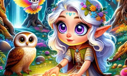 Une jeune elfe, Lira, aux grands yeux violets pétillants de curiosité, se tient au centre d'une clairière enchantée. Ses cheveux argentés flottent dans le vent, et sa petite queue de dragon scintille sous la lumière. Elle touche une pierre ancienne, son visage exprimant émerveillement et surprise. À proximité, la sage chouette Mistra, avec ses plumes brunes, observe Lira depuis une branche, prête à lui offrir des conseils. La clairière est entourée d'arbres majestueux et de fleurs multicolores. Au centre, un cercle de pierres anciennes couvertes de runes brillantes émet une lueur mystérieuse. Lira découvre ses nouvelles capacités magiques, prête à embrasser son destin fantastique.