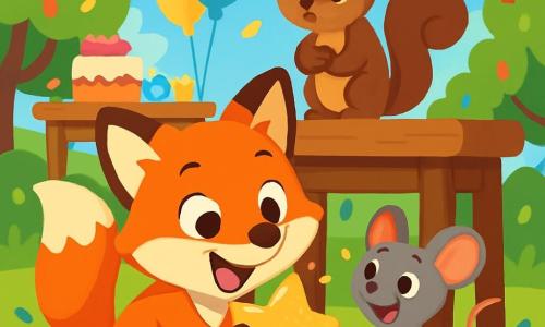 Un renard espiègle aux poils roux et aux yeux curieux s'agenouille sous un banc en bois, joyeux, tenant une étoile dorée dans ses pattes. À côté, une petite souris grise aux grandes oreilles admire l'étoile, prête à sauter de joie. Un écureuil brun, perché sur le banc, observe la scène avec concentration. Le parc coloré est rempli de guirlandes festives, de ballons, de gâteaux et de lanternes rouges. La lumière du soleil crée des ombres dansantes. Le renard découvre l'étoile perdue, entouré de ses amis, dans une atmosphère joyeuse et magique, avec des confettis flottant autour d'eux.