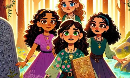 Dans une clairière enchantée, quatre amies se tiennent prêtes pour l'aventure. Lila, 11 ans, cheveux longs et bouclés, porte une robe colorée et tient une carte ancienne. Aline, aussi 11 ans, avec des cheveux bruns et un t-shirt floral, est excitée. Maelle, prudente, a des cheveux frisés et une tunique verte, émerveillée par le paysage. Soraya, aux cheveux noirs et aux yeux pétillants, porte une robe violette et un pendentif scintillant. La clairière, baignée de lumière dorée, est entourée d'arbres majestueux et de fleurs colorées, avec un ruisseau serpentant. Elles se tiennent devant une pierre ancienne gravée de symboles mystérieux, prêtes à découvrir les secrets du Labyrinthe de l’Illusion et à affronter leur première épreuve pour retrouver l'artefact des Gardiens de la Lumière.