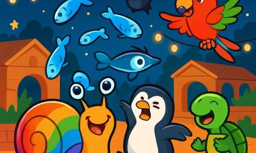 Un escargot nommé Escargoo, avec une coquille arc-en-ciel, jongle joyeusement avec des poissons glacés. À ses côtés, Ping-Pong, un pingouin, trébuche en jonglant, tandis que Coco, un perroquet coloré, virevolte dans les airs. Lulu, une tortue, court autour d'eux en riant, et Bella, une chauve-souris, vole au-dessus de la scène. Le décor est une cour de zoo sous un ciel étoilé, avec des animaux applaudissant autour, créant une ambiance festive. L'équipe d'animaux est en pleine performance de jonglage, illustrant l'amitié et l'aventure.
