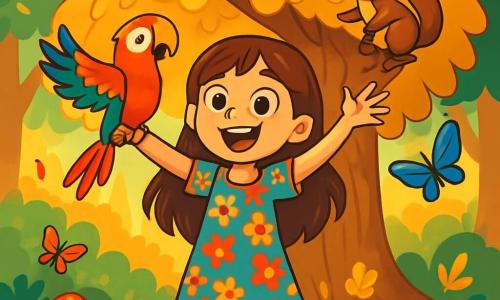 Luna, une petite fille de 10 ans aux longs cheveux bruns et aux yeux curieux, se tient devant un immense arbre aux feuilles dorées, rayonnante d'émerveillement. Elle porte une robe colorée à fleurs et lève les bras, comme si elle venait de découvrir un trésor. À ses côtés, Coco, un perroquet multicolore, est perché sur son épaule avec un air espiègle. Plus loin, Noisette, un écureuil brun aux yeux malicieux, grimpe sur une branche, observant la scène. Le décor est une forêt enchantée, baignée de rayons de soleil, avec un sol couvert de fleurs colorées et de feuilles dorées, des champignons étranges et des papillons dansent autour d'eux. Ensemble, Luna, Coco et Noisette se tiennent devant l'arbre magique, prêts à faire un vœu, leurs visages illuminés par l'excitation d'une aventure incroyable.