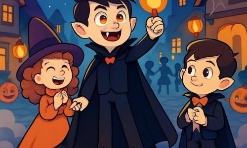 Nox, un jeune vampire en cape noire, se tient sur une scène éclairée par des lanternes orange, son visage rayonnant d'excitation. À ses côtés, Lila, une petite sorcière aux cheveux bouclés, applaudit joyeusement. Théo, un vampire en costume trop grand, admire Nox, ses joues rosies par l'excitation. La scène se déroule sur une place animée, entourée de maisons décorées de toiles d'araignées et de citrouilles souriantes, sous une lune brillante. Nox, tenant la Flamme-Lune, s'apprête à allumer la Grande Citrouille, tandis qu'une brume légère crée une atmosphère magique et mystérieuse d'Halloween.