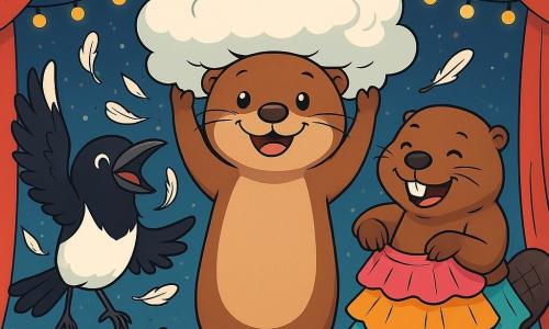 Au centre, Zoé la Loutre, avec son pelage brun et doux, sourit joyeusement en tenant un drap blanc au-dessus de sa tête. À sa droite, Nino le Castor rit en essayant d'ajuster une jupe colorée trop grande pour lui. À gauche, Rina la Pie bat des ailes, lançant des plumes en l'air avec un cri de joie. En arrière-plan, un théâtre coloré avec des rideaux rouges et des guirlandes de lucioles crée une ambiance festive. La scène montre les amis en répétition de leur pièce de théâtre, riant ensemble au milieu d'un nuage de plumes.