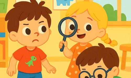 Un petit garçon de 2 ans, Nino, aux cheveux bruns en bataille et aux grands yeux curieux, regarde autour de lui avec une expression inquiète. Il porte un t-shirt rouge avec un dinosaure et un pantalon bleu. À ses côtés, Zoé, une fille de 3 ans aux cheveux blonds tressés et en robe à pois, tient une loupe en plastique et sourit. Tom, un garçon de 3 ans avec des lunettes rondes et un t-shirt vert, est accroupi, examinant le sol. La scène se déroule dans une salle de classe colorée avec des murs jaunes et des dessins d'animaux. Nino, Zoé et Tom sont en pleine enquête pour retrouver le doudou de Nino, Monsieur Lapin, cherchant dans chaque recoin, transformant leur recherche en une aventure pleine de mystères et de rires.