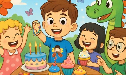 Quatre enfants célèbrent l'anniversaire de Lucas dans une clairière enchantée. Lucas, 8 ans, sourit au centre, tenant un bracelet coloré. À gauche, Mia, également 8 ans, lève les bras en signe de joie dans sa robe rose à pois. À droite, Tom, 8 ans, en t-shirt vert, pointe un dragon magique. Derrière, Clara, 8 ans, rit en tenant un cupcake licorne. La clairière est remplie de fleurs géantes et d'une table de gâteaux sous un ciel bleu, avec des papillons multicolores ajoutant à l'ambiance festive.