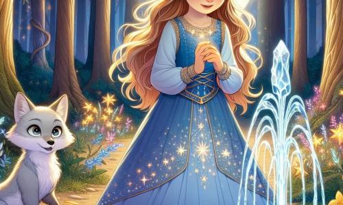La princesse Lyria, une jeune fille d'environ 12 ans aux longs cheveux dorés et aux yeux curieux, se tient au bord d'une fontaine cristalline, son visage rayonnant d'émerveillement et de détermination. Elle porte une robe bleue ornée de motifs d'étoiles scintillantes, tendant les mains vers l'eau lumineuse. À ses côtés, Sylas, un renard argenté aux yeux malicieux, l'observe avec encouragement. Ils se trouvent dans une clairière enchantée de la Forêt des Murmures, entourés d'arbres majestueux et de fleurs luminescentes. Lyria est prête à découvrir le secret de la prophétie, les yeux brillants d'espoir, alors que la fontaine s'illumine, symbolisant l'harmonie à rétablir dans son royaume.