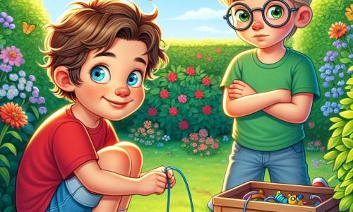 Deux garçons, Tom et Max, tous deux âgés de 7 ans, sont dans un jardin. Tom, avec des cheveux châtains en bataille et un t-shirt rouge, est accroupi près d'une boîte de jouets, l'air excité. Max, aux cheveux blonds et lunettes rondes, porte un t-shirt vert et observe son ami, les bras croisés, avec curiosité et inquiétude. Le jardin est fleuri, avec un grand buisson vert en arrière-plan. Tom ment à Max en disant que la boîte contient un trésor, tandis que Max, sceptique, le regarde. La scène illustre l'innocence de l'enfance et la tension d'un petit mensonge.