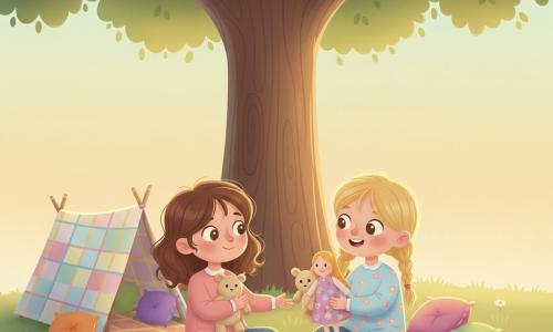 Deux fillette de 4 ans assises sous un grand arbre sur une pelouse parsemée de pâquerettes : une brune aux cheveux mi-longs bouclés et regard timide serre un doudou beige tandis que Mina, blonde en nattes, lui rend le doudou en souriant ; à côté, une cabane improvisée en couverture et coussins ; ambiance fin d’après-midi, couleurs pastel et atmosphère douce et rassurante.