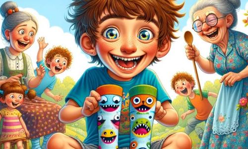 Un garçon de 12 ans, Lucas, avec des cheveux bruns en bataille et des yeux pétillants, se tient au centre de l'image, riant aux éclats. Il porte un t-shirt coloré avec des dinosaures et un short bleu. À ses pieds, deux chaussettes multicolores aux yeux clignotants semblent danser et sourire. En arrière-plan, une vieille dame aux cheveux gris, vêtue d'une robe à fleurs, observe la scène avec un sourire, tenant une cuillère en bois. À sa droite, un groupe d'enfants, dont une fille aux couettes et un garçon avec un chapeau en forme de couronne, s'amusent avec des chapeaux extravagants. Le parc ensoleillé est rempli de fleurs colorées et d'arbres verdoyants, sous un ciel bleu clair. Lucas et ses chaussettes font rire les enfants en racontant des blagues, tandis que les oiseaux chantent, créant une atmosphère de joie et d'amitié.