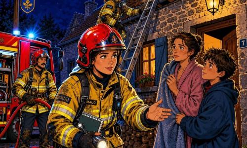 Maud, pompier au visage déterminé et bienveillant, casque rouge et veste jaune couverte de suie, rassure une famille en tendant la main tandis qu’elle tient une lampe torche et un carnet ; Karim, moustachu, bottes boueuses, vigilant près du camion rouge prêt à dérouler un tuyau ; Julie, cheveux noués, masque autour du cou, lampe frontale allumée sur une échelle, inspecte les combles ; Léo, garçon d’environ 13 ans, manteau trop grand, couvre sa mère d’une couverture en la regardant avec admiration et inquiétude ; la mère, en robe de chambre, soulagée mais troublée, devant la porte du salon ; maison en pierre du hameau des Châtaigniers avec toit en tuiles, fumée grise s’échappant de la cheminée, pots renversés et bûches humides ; scène nocturne éclairée par les phares du camion et lampes frontales, reflets orange sur les pierres, contrastes nets et couleurs vives dans une composition centrée sur Maud.