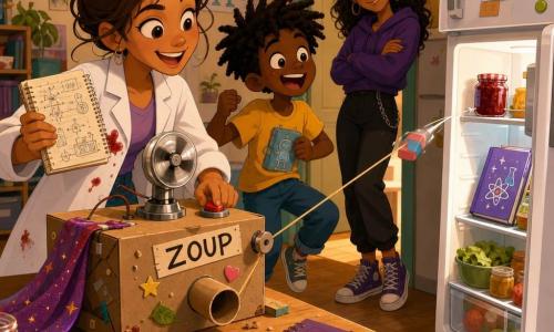Zoé, inventrice d'environ 21 ans, souriante et concentrée, cheveux attachés en bun, une main sur une boîte-machine bricolée nommée Zoup et l'autre tenant un carnet, Sami, garçon de 10 ans aux yeux ronds, émerveillé, saute en tenant son livre de sciences, Lina, environ 16 ans, grande et malicieuse, les bras croisés, observe depuis la porte de la cuisine; la machine Zoup, boîte décorée avec ventilateur, tuyau en carton et étiquette, guide une gomme attachée qui saute vers le frigo dans un petit appartement-atelier lumineux, table encombrée d'outils et posters, ambiance chaleureuse, joyeuse et un peu farfelue.