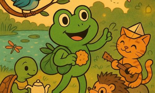 Une grenouille verte souriante, sac en feuille et biscuit au miel, frappe une porte invisible au bord d'un étang au crépuscule, entourée en cercle par un oiseau bleu perché, un chaton rayé jouant du ukulélé, un hérisson malicieux roulant un biscuit et une tortue apportant une boîte de biscuits et une théière, dans une ambiance chaleureuse et ludique de partage, lumière dorée, eaux brillantes et nénuphars.