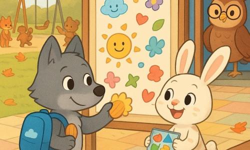 Petit loup anthropomorphe nommé Léo, petit gabarit au pelage gris doux et aux yeux ronds, sourit timidement en collant un autocollant soleil sur la 