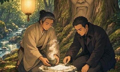 Kenta, homme d’environ 40 ans au visage serein, cheveux noirs poivre et sel attachés en petite natte, porte un kimono beige et, à genoux, offre un bol de thé fumant posé devant un autel de pierres; Akio, homme d’environ 40 ans au visage tendu puis apaisé, cheveux courts et manteau sombre, s’agenouille à côté de Kenta et pose une petite pierre près du sel en signe d’excuse; en arrière-plan, le visage fin d’un Kodama est sculpté dans l’écorce d’un grand cèdre, yeux en creux et rides annulaires, expression ancienne mais adoucie; la clairière, tapissée de mousse verte avec quelques feuilles brunes, petites pierres blanches formant l’autel et un ruisseau scintillant sur la gauche, est éclairée par une lanterne en papier suspendue qui diffuse une lumière chaude faisant briller la vapeur du thé; ambiance de réparation et d’apaisement, palette de verts moussus, bruns chauds, ocres et touches de blanc, traits doux et contours arrondis, style bande dessinée enfantine.