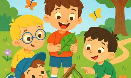 Quatre enfants sont réunis dans un jardin ensoleillé : Louis, 6 ans, avec des cheveux bruns en bataille et un sourire éclatant, tient une feuille verte au centre ; Max, 6 ans, avec des lunettes rondes et des cheveux blonds, observe la feuille avec curiosité ; Hugo, 5 ans, aux cheveux noirs et aux taches de rousseur, pointe une coccinelle rouge sur une fleur ; Tom, 5 ans, avec des cheveux châtains et une casquette bleue, est allongé sur l'herbe en regardant les nuages. Ils construisent une petite maison pour la coccinelle avec des brindilles et des feuilles, souriants et enthousiastes, dans un cadre naturel rempli de fleurs et de papillons.