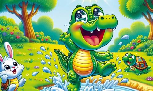 Un crocodile nommé Gigi, avec une peau verte brillante et des yeux pétillants, saute dans une flaque d'eau, éclaboussant autour de lui. Il sourit, montrant son enthousiasme. À côté, une tortue nommée Titi, avec une carapace colorée, le regarde en riant, tandis qu'un lapin nommé Lolo, aux grandes oreilles et à la fourrure blanche, se tient en retrait, prêt à sauter. La scène se déroule dans une clairière ensoleillée, entourée d'arbres et de fleurs colorées. Gigi, Titi et Lolo s'amusent à sauter, créant des éclaboussures joyeuses, remplis de rires et de bonheur.