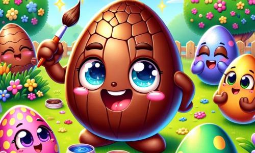 Un petit œuf en chocolat nommé Choco, brillant et coloré, sourit joyeusement tout en tenant un pinceau magique. À ses côtés, d'autres œufs en chocolat aux visages souriants l'observent, dont un œuf bleu qui peint un œuf vert et un œuf rose qui applaudit. La scène se déroule dans un jardin printanier, rempli de fleurs et de verdure, baigné de soleil. Choco et ses amis cachent des œufs décorés sous des fleurs, tandis que des enfants s'approchent pour une chasse aux œufs.