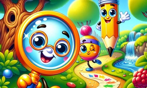 Au centre de l'image, Lino, une petite loupe avec des lunettes rondes et un sourire éclatant, tient une carte au trésor. Ses yeux brillent d'excitation. À côté de lui, Plumy, un crayon à papier joyeux, dessine des flèches sur le sol, curieux. Enfin, Bouton, une bille multicolore, roule avec entrain, prête à découvrir le trésor caché. Le décor est un jardin ensoleillé avec un vieux pommier, un ruisseau scintillant et un buisson à framboises. Lino et ses amis explorent une carte mystérieuse pour une aventure dans leur jardin magique.