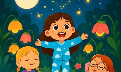 Il y a trois personnages : Léa, une fille de 8 ans aux longs cheveux bruns, portant un pyjama bleu avec des nuages, se tient au centre, émerveillée par le jardin magique. Inès, avec des cheveux blonds et des tresses, est assise sur l'herbe en pyjama violet orné d'étoiles filantes, souriante et apaisée. Zoé, aux cheveux roux et lunettes rondes, est allongée en pyjama rose avec des arcs-en-ciel, regardant les lucioles. L'action se déroule dans un jardin secret rempli de fleurs lumineuses et de lucioles, sous une lune brillante. Les trois amies profitent d'un moment de sérénité, respirant profondément et se laissant porter par la magie du jardin.