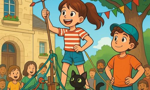 Une fille de 10 ans, avec des cheveux châtains en queue de cheval, porte un t-shirt rayé et un short en jean. Son visage exprime une détermination joyeuse, ses yeux brillants d'excitation alors qu'elle se tient sur une machine bricolée, entourée de ficelles colorées et de vieux objets. À côté d'elle, un garçon de 9 ans, aux cheveux bouclés et portant une casquette, l'observe avec admiration, prêt à l'aider. Un chat noir aux yeux verts, Pivoine, est perché sur le bord de la machine, curieux. La scène se déroule devant la mairie d'un village ancien, avec des guirlandes colorées flottant dans le vent. Des enfants et des adultes se rassemblent autour, enthousiastes. La fille est prête à décrocher un mouchoir coloré suspendu à la girouette, un défi qui l'excite.